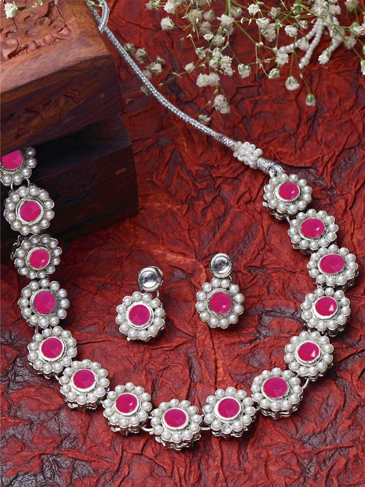 Karatcart Oxidised Silver Pink Kundan and Pearl Choker Necklace Set