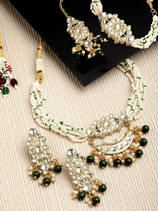 Karatcart Gold Plated Green Bead Studded Kundan Choker Neckalce Set with Bracelet