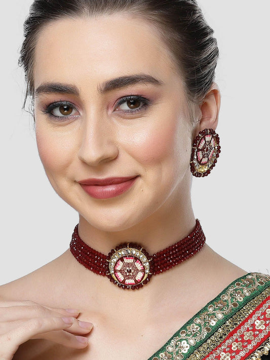 Karatcart Maroon Meena Lotus Design Crystal Choker Necklace Set for Women