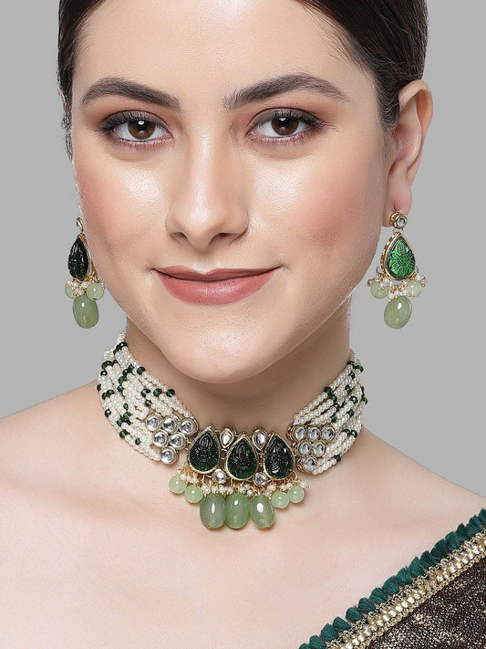 Karatcart Green Carved Stone Studded Pearl Beaded Kundan Choker Necklace Set for Women