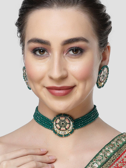 Karatcart Green Meena Lotus Design Crystal Choker Necklace Set for Women