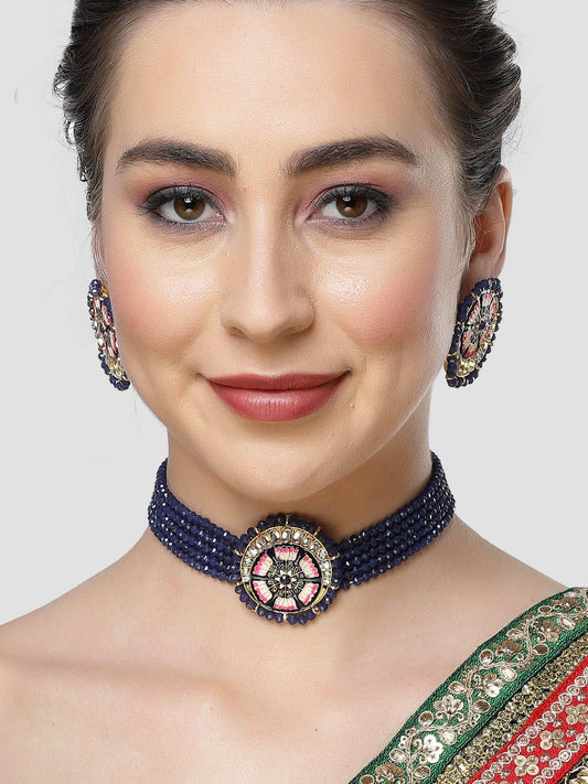 Karatcart Blue Meena Lotus Design Crystal Choker Necklace Set for Women