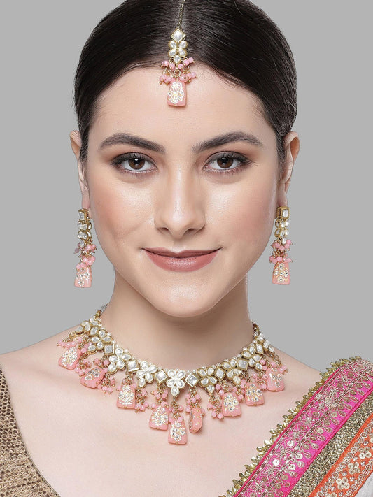 Karatcart Pink Tumble Gold Plated Kundan Choker Necklace Set for Women